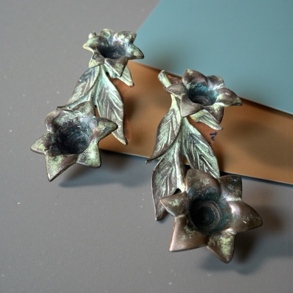 Vintage Floral Double Taper Candle Holder Candelabra Verdigris Green